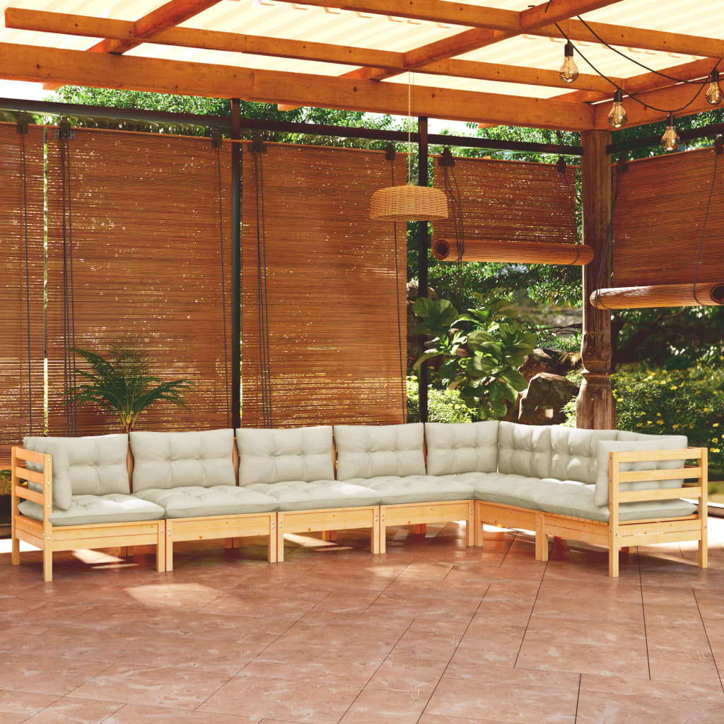 JUNG Vida 7-tlg. Garten-Lounge-Set mit Creme Kissen Massivholz Kiefer