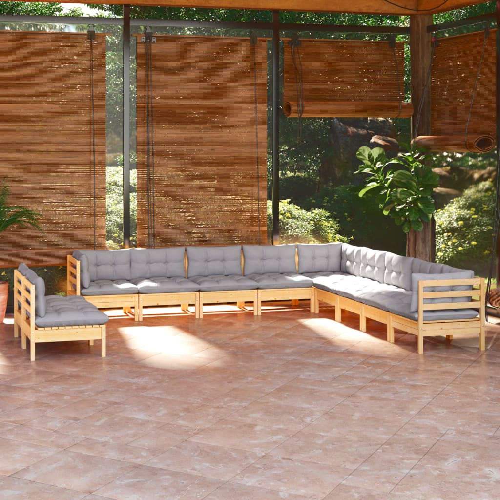 JUNG Vida 11-tlg. Garten-Lounge-Set mit Grauen Kissen Massivholz Kiefer