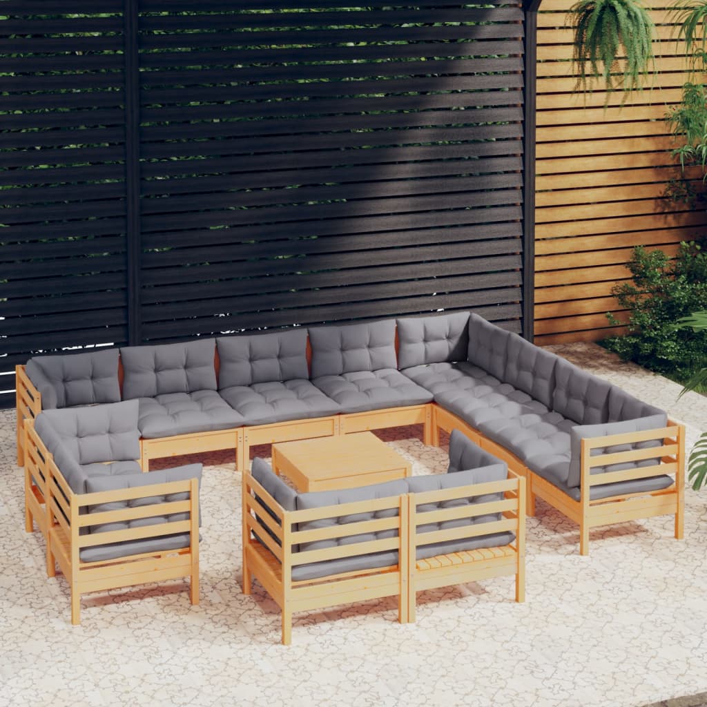 JUNG Vida 13-tlg. Garten-Lounge-Set mit Grauen Kissen Massivholz Kiefer