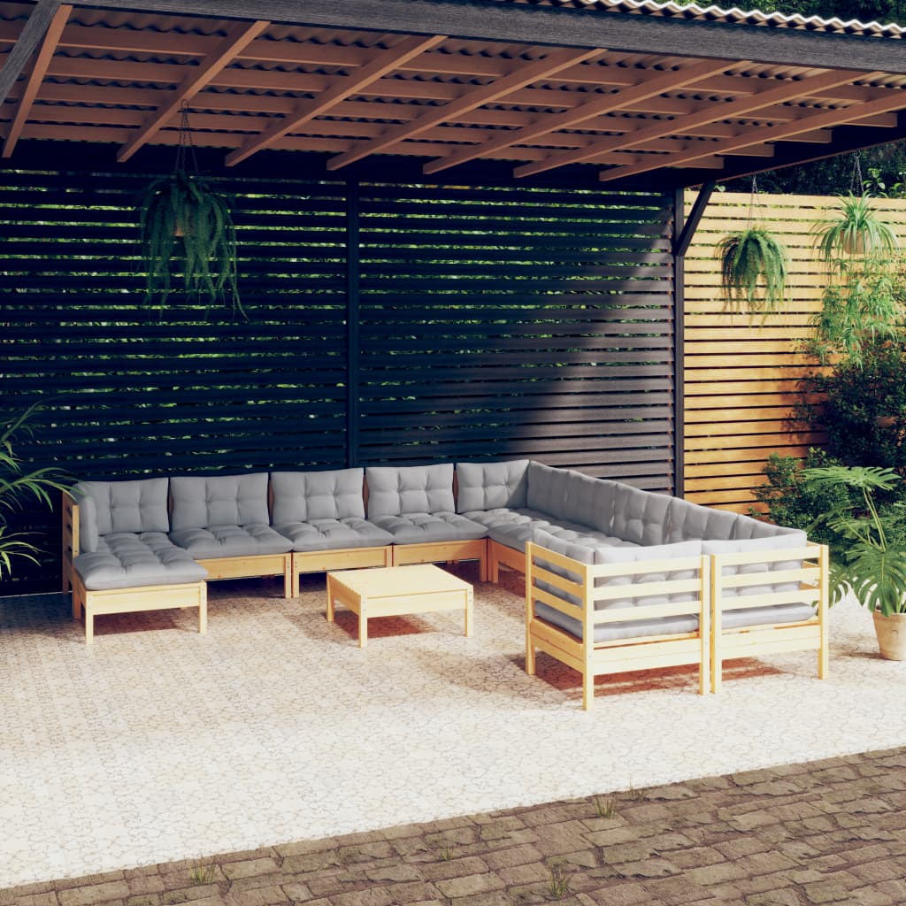 JUNG Vida 12-tlg. Garten-Lounge-Set mit Grauen Kissen Kiefernholz