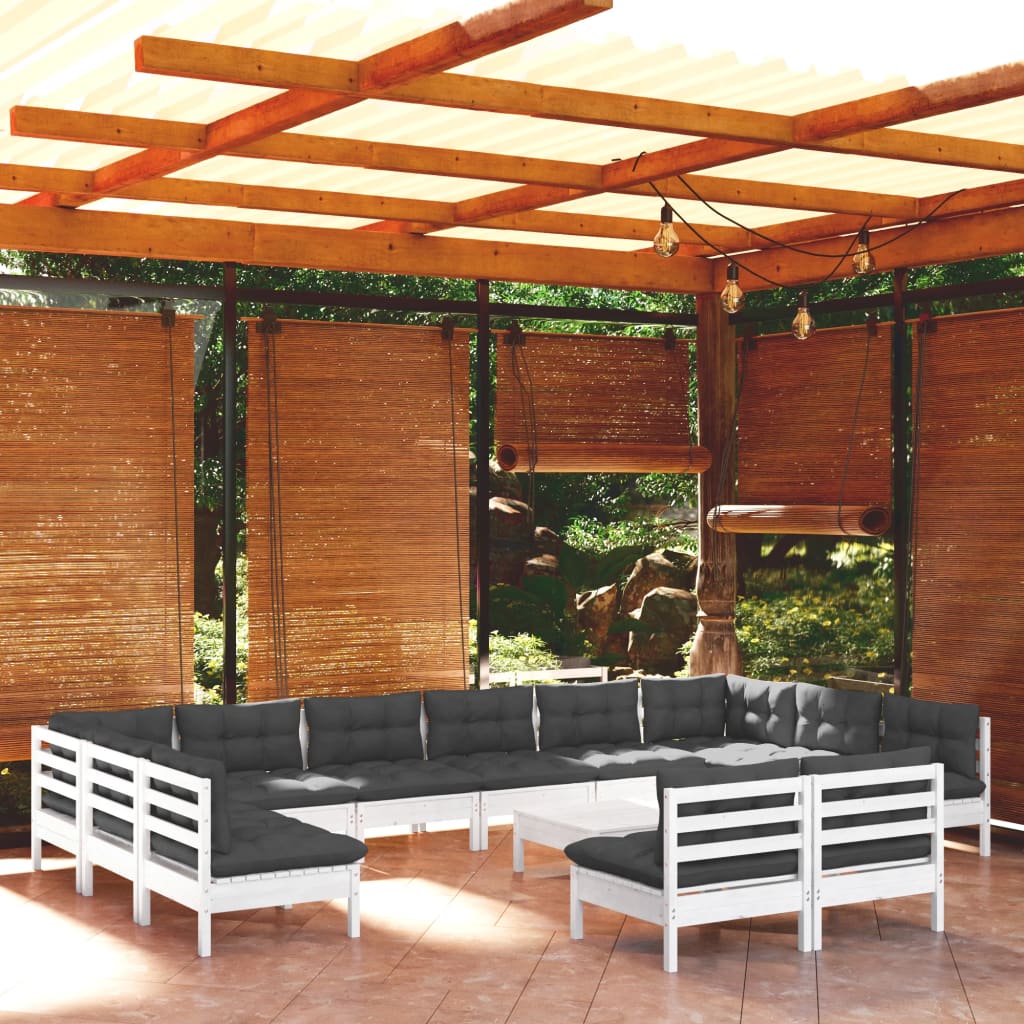 JUNG Vida 13-tlg. Garten-Lounge-Set mit Kissen Weiß Kiefer Massivholz