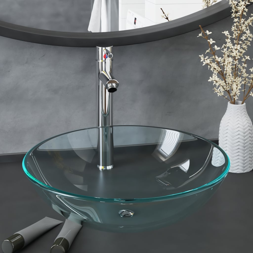 JUNG Vida Waschbecken mit Wasserhahn und Ablaufgarnitur aus gehärtetem