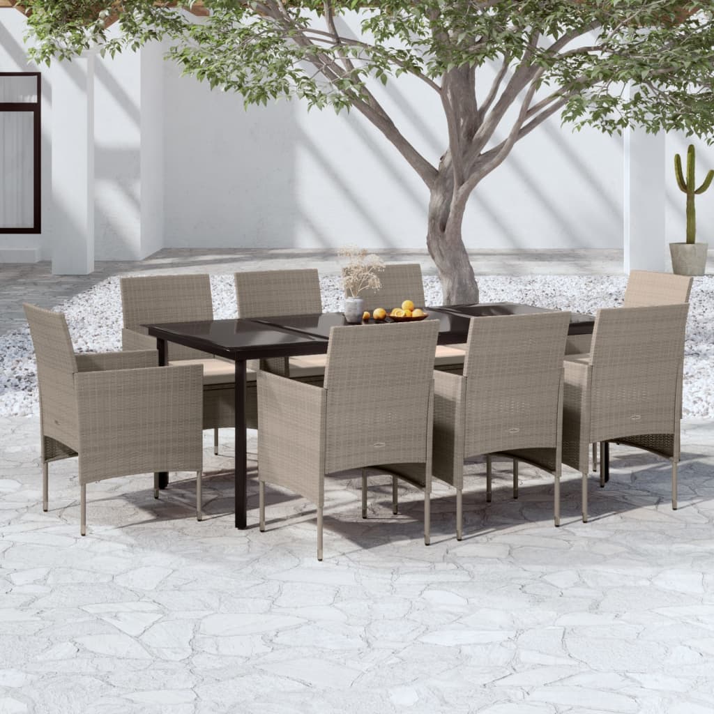 JUNG Vida 9-tlg. Garten-Essgruppe mit Kissen Beige und Schwarz