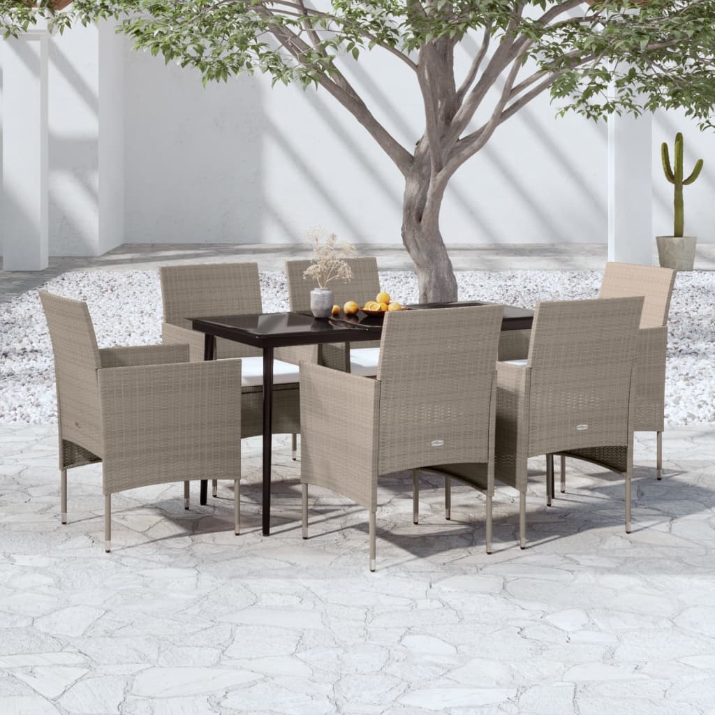 JUNG Vida 7-tlg. Garten-Essgruppe mit Kissen Beige und Schwarz