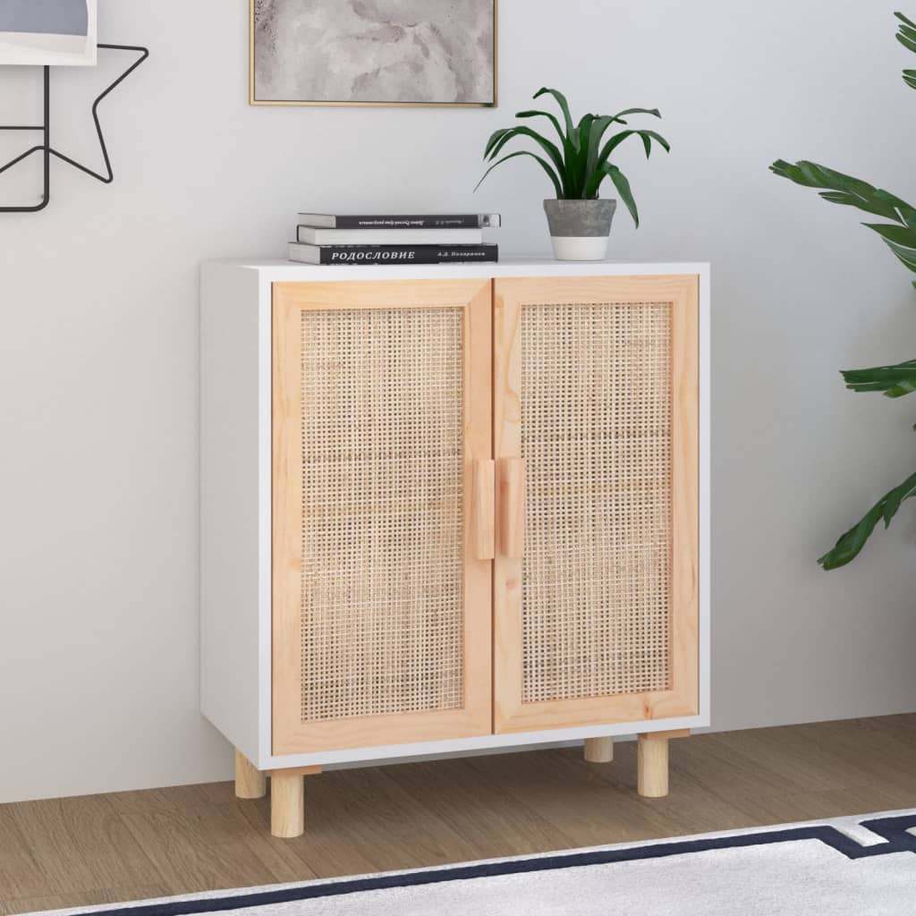 JUNG Vida Sideboard Weiß 60x30x70 cm Massivholz Kiefer und Natur-Rattan