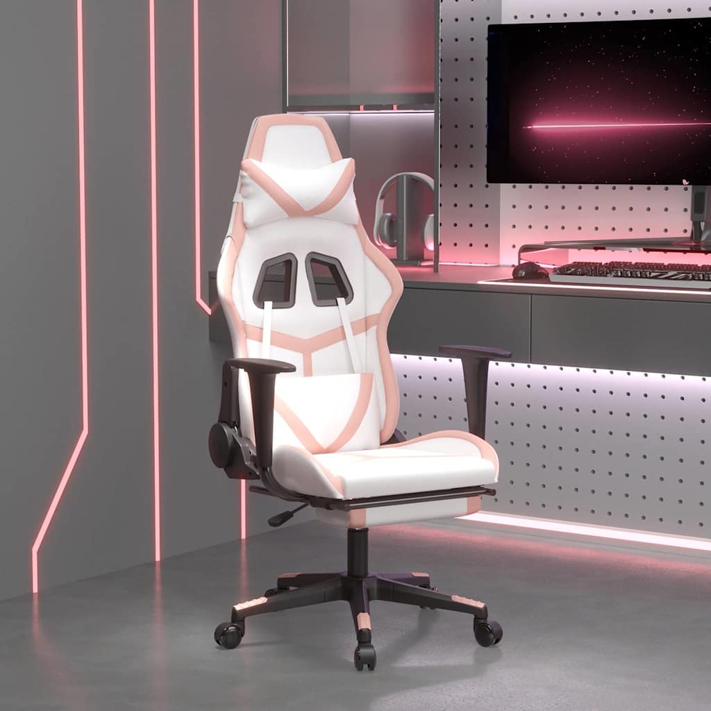 JUNG Vida Gaming-Stuhl mit Massage & Fußstütze Weiß & Rosa Kunstleder