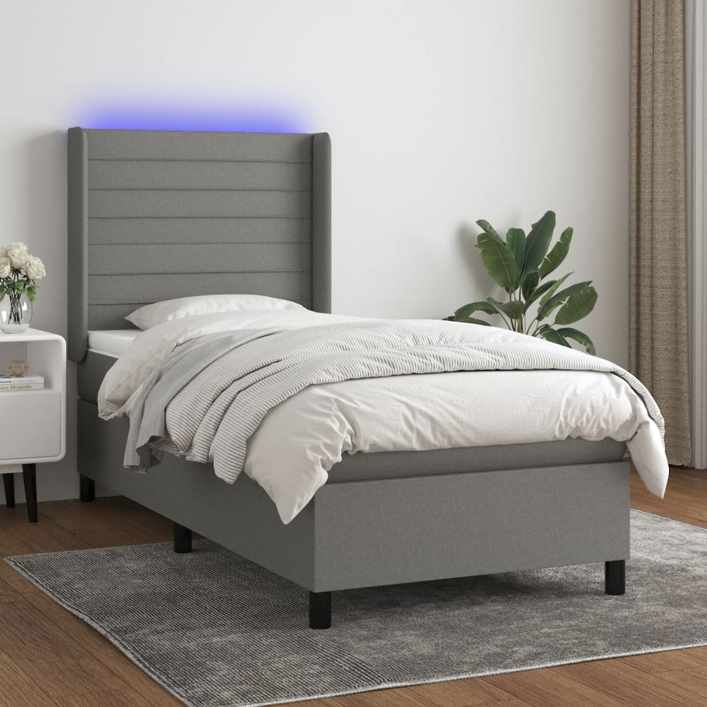 JUNG Vida Boxspringbett mit Matratze & LED Dunkelgrau 90x190 cm Stoff