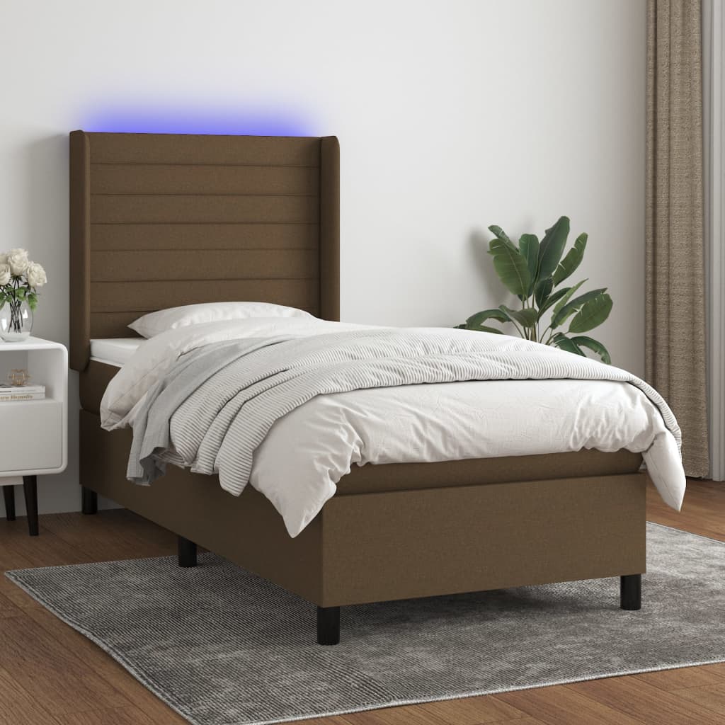 JUNG Vida Boxspringbett mit Matratze & LED Dunkelbraun 100x200 cm Stoff