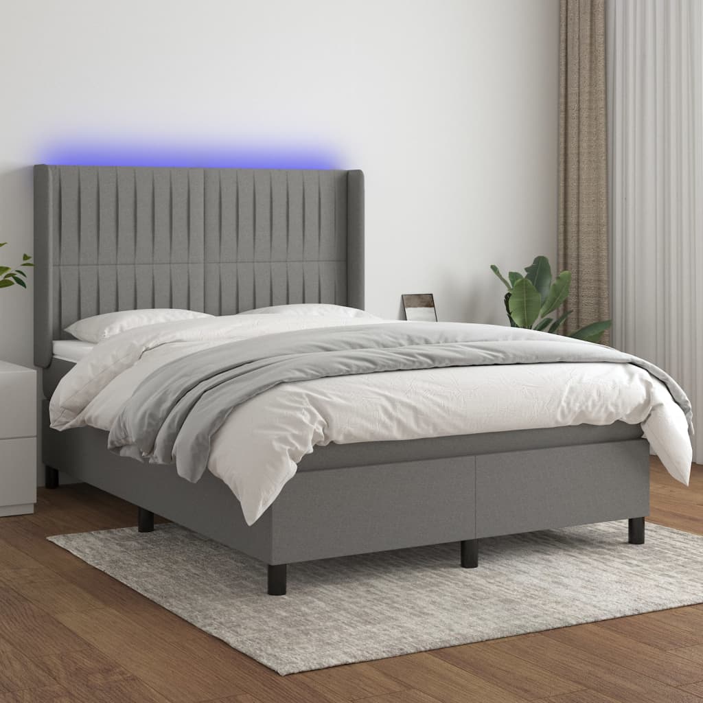 JUNG Vida Boxspringbett mit Matratze & LED Dunkelgrau 140x200 cm Stoff