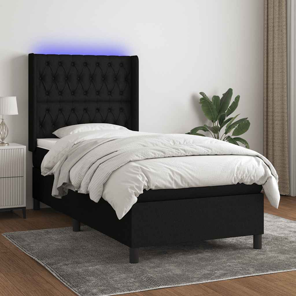 JUNG Vida Boxspringbett mit Matratze & LED Schwarz 100x200 cm Stoff