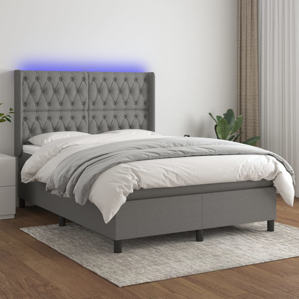 JUNG Vida Boxspringbett mit Matratze & LED Dunkelgrau 140x200 cm Stoff