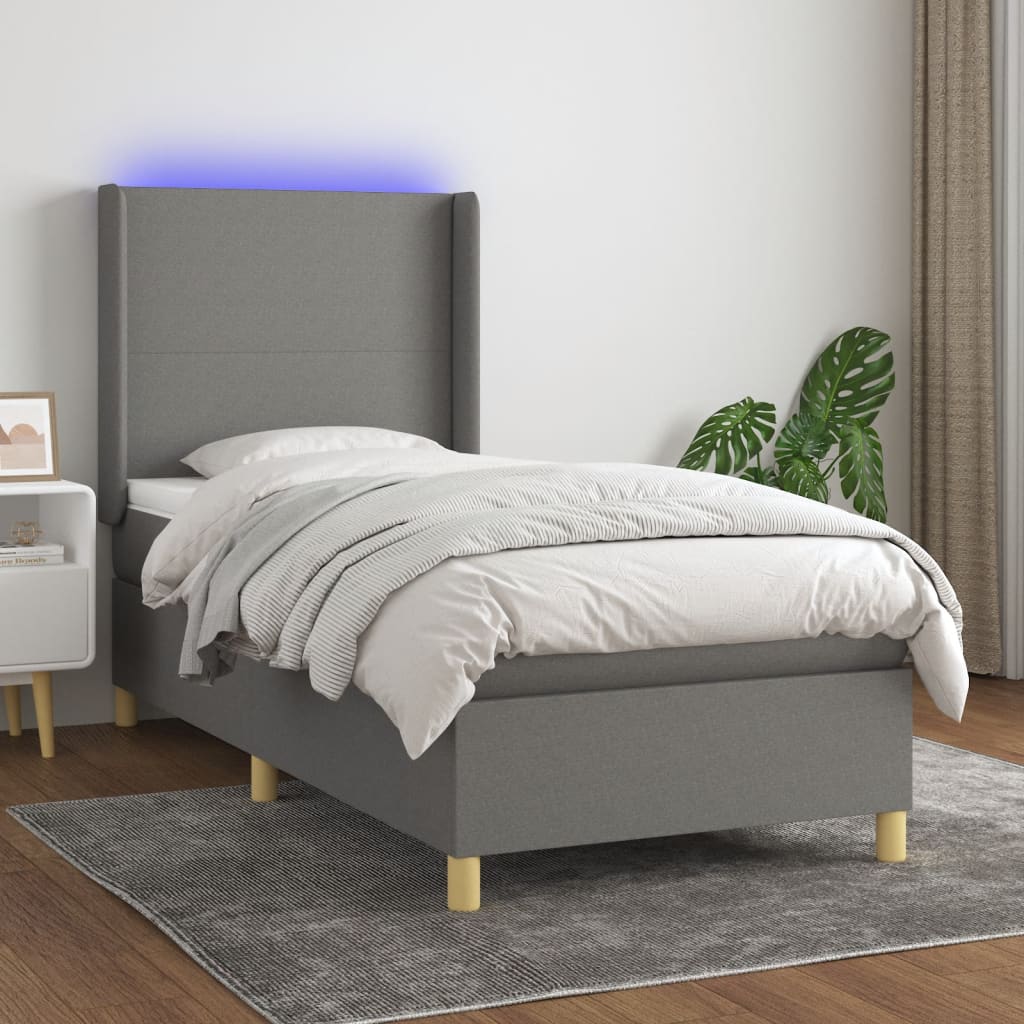 JUNG Vida Boxspringbett mit Matratze & LED Dunkelgrau 100x200 cm Stoff