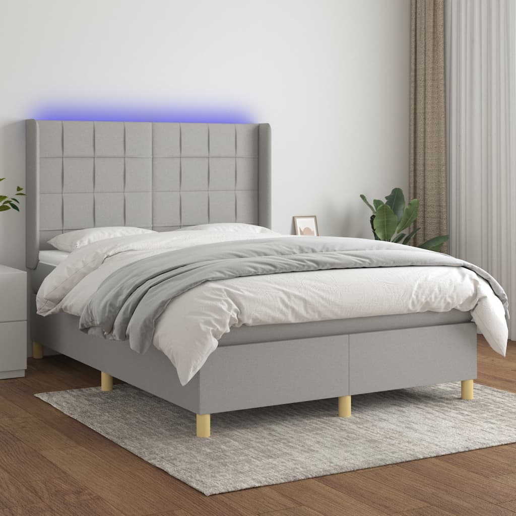 JUNG Vida Boxspringbett mit Matratze & LED Hellgrau 140x190 cm Stoff