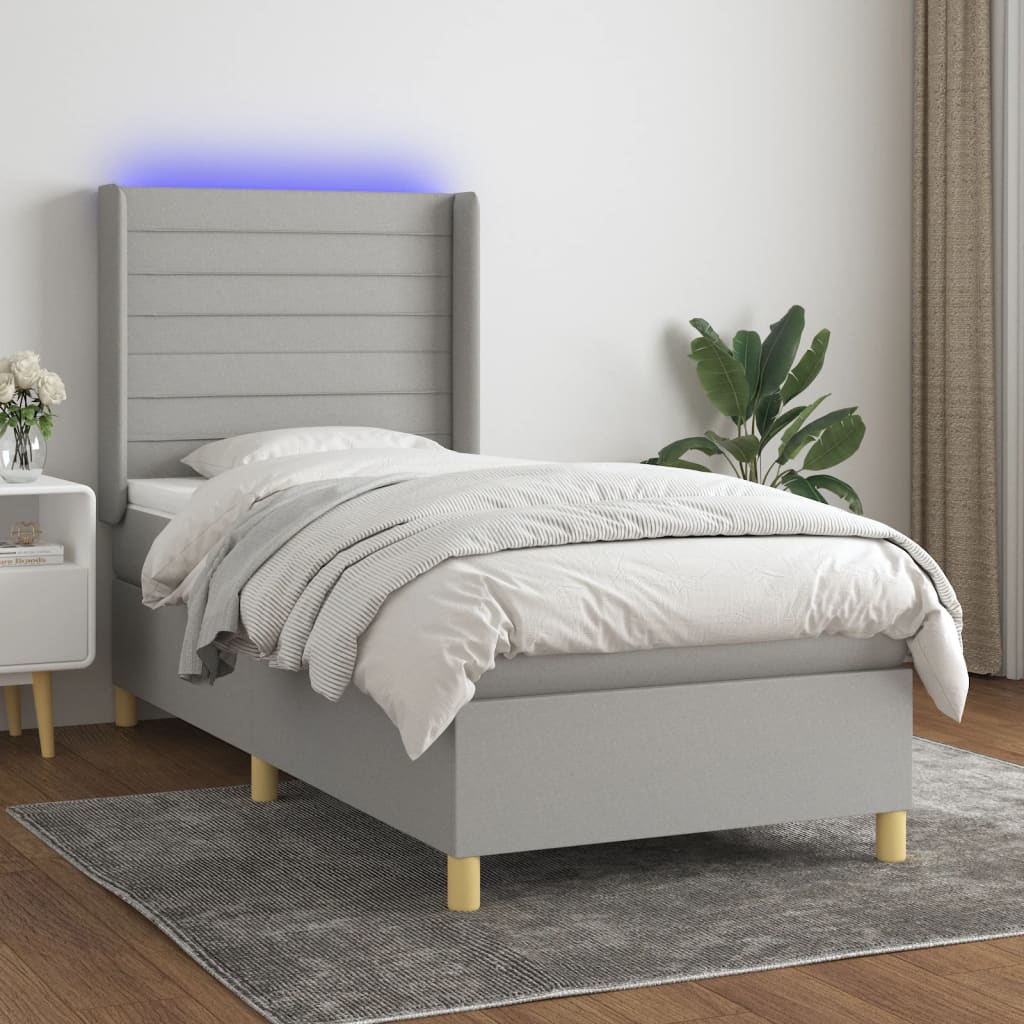 JUNG Vida Boxspringbett mit Matratze & LED Hellgrau 90x200 cm Stoff