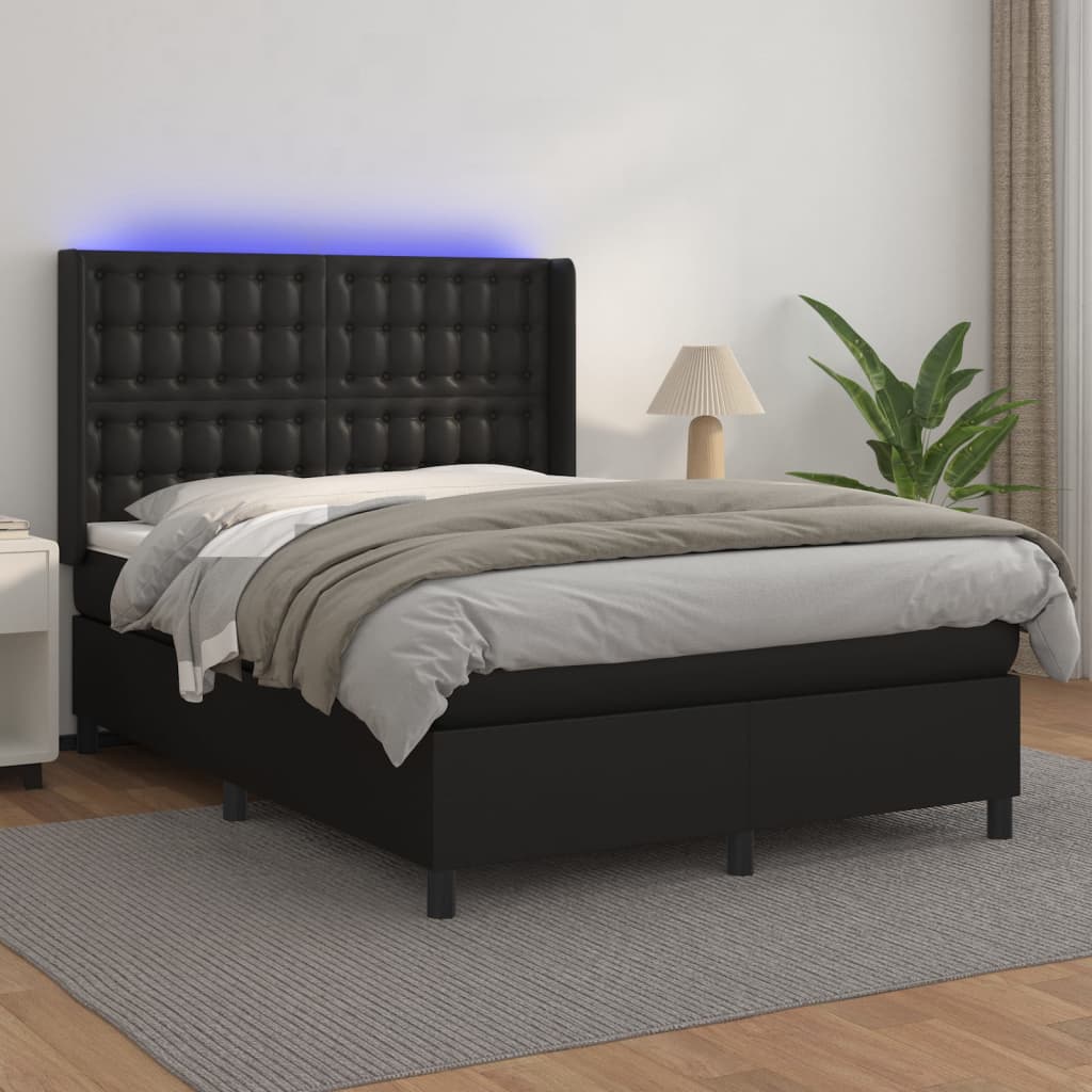 JUNG Vida Boxspringbett mit Matratze & LED Schwarz 140x200 cm Kunstleder