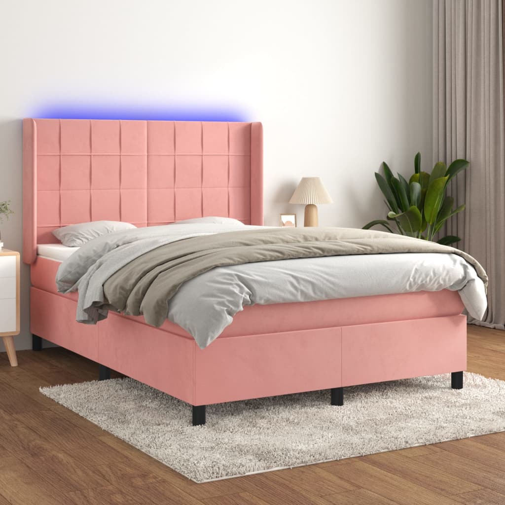 JUNG Vida Boxspringbett mit Matratze & LED Rosa 140x190 cm Samt
