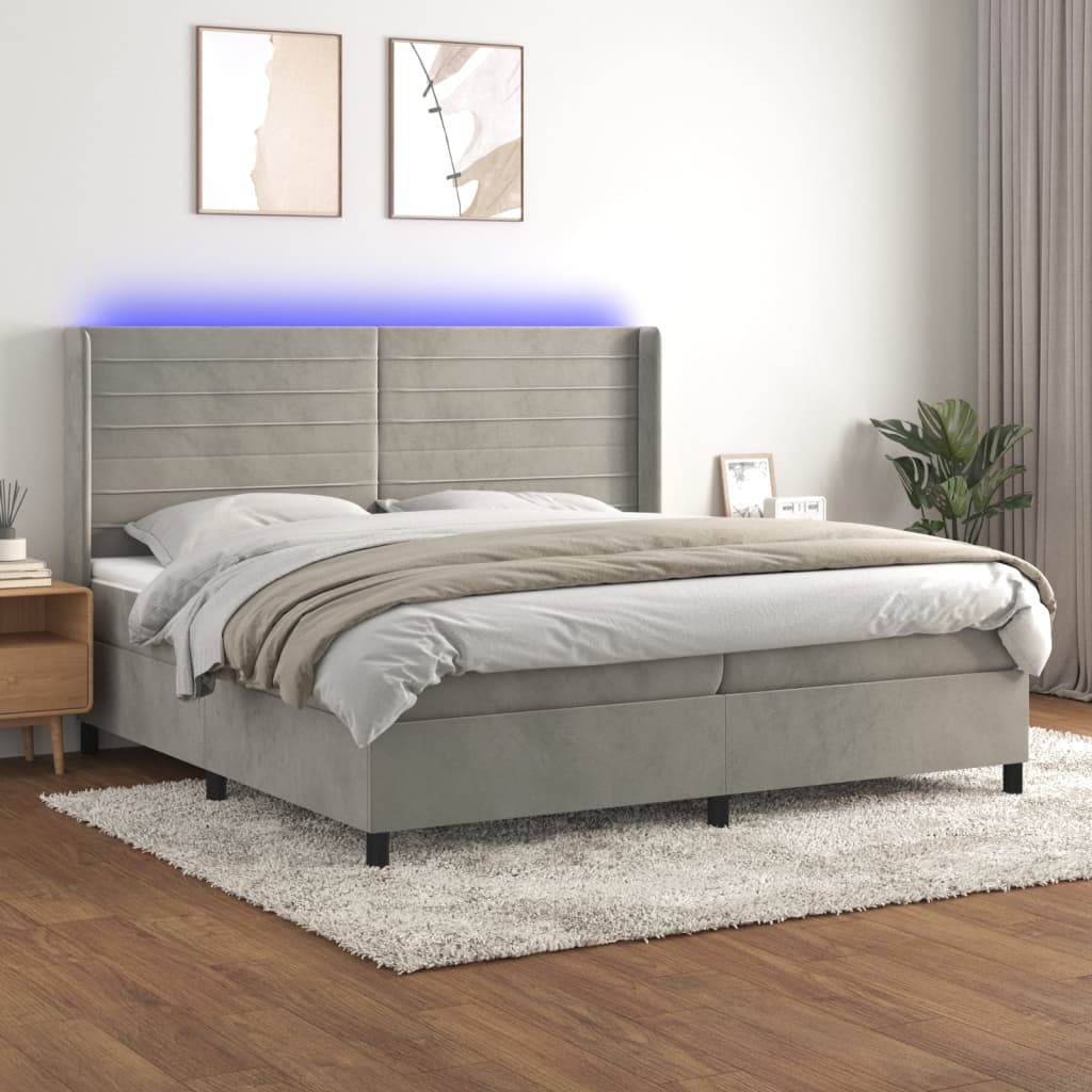 JUNG Vida Boxspringbett mit Matratze & LED Hellgrau 200x200 cm Samt