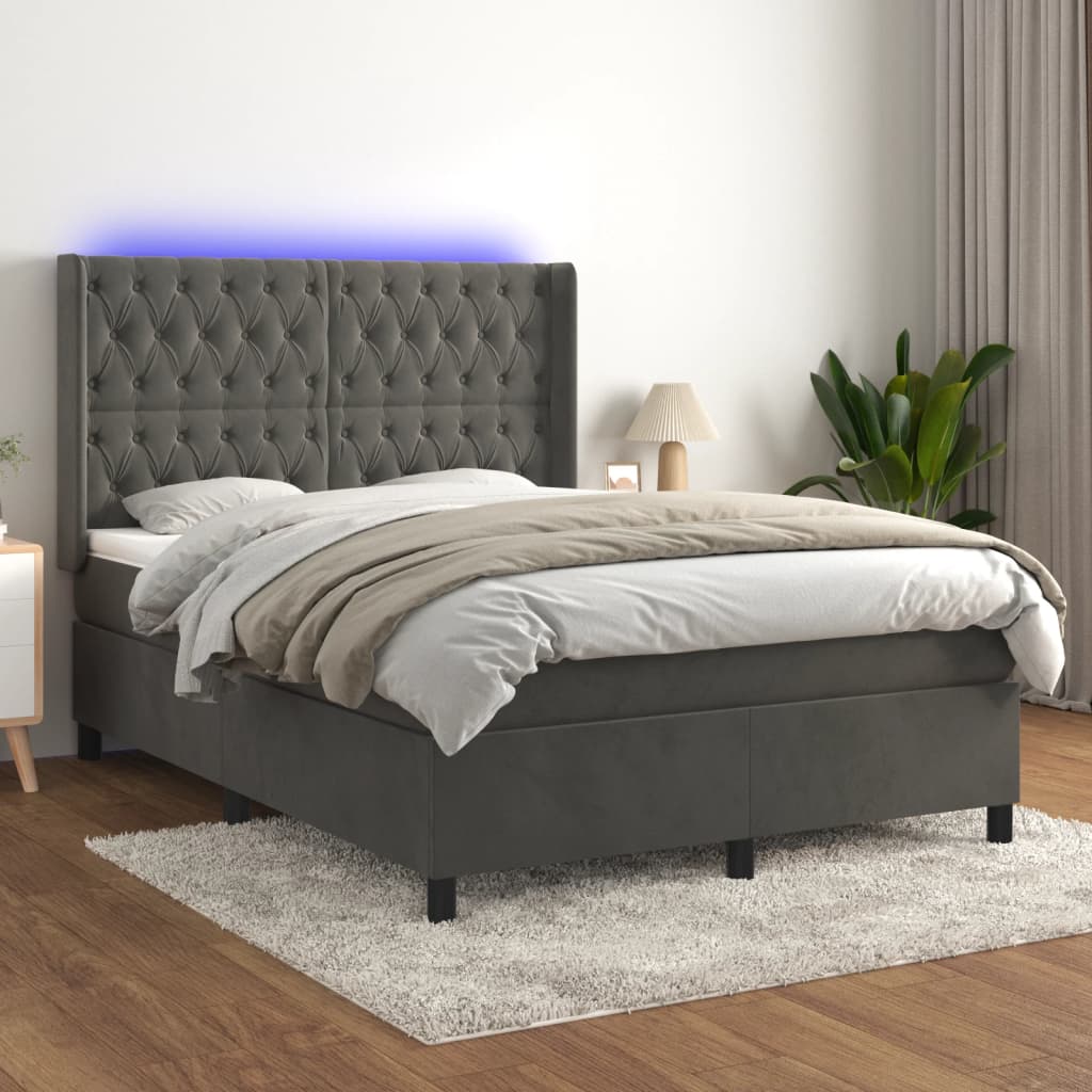 JUNG Vida Boxspringbett mit Matratze & LED Dunkelgrau 140x200 cm Samt