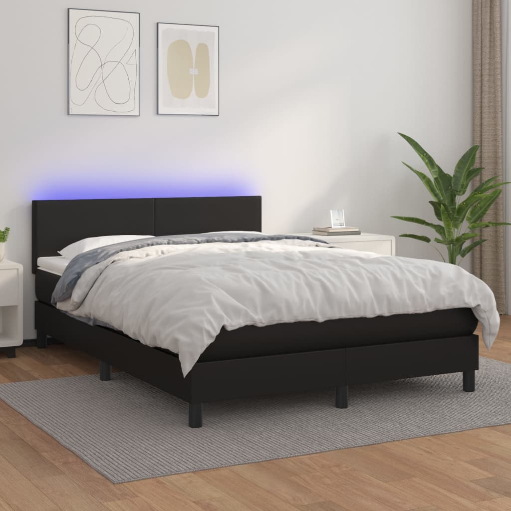 JUNG Vida Boxspringbett mit Matratze & LED Schwarz 140x190 cm Kunstleder