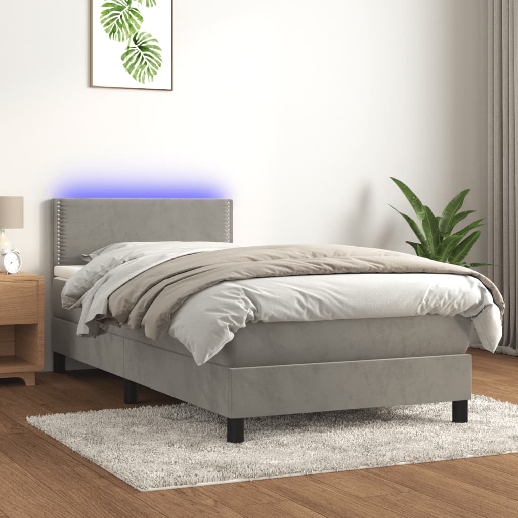 JUNG Vida Boxspringbett mit Matratze & LED Hellgrau 90x200 cm Samt