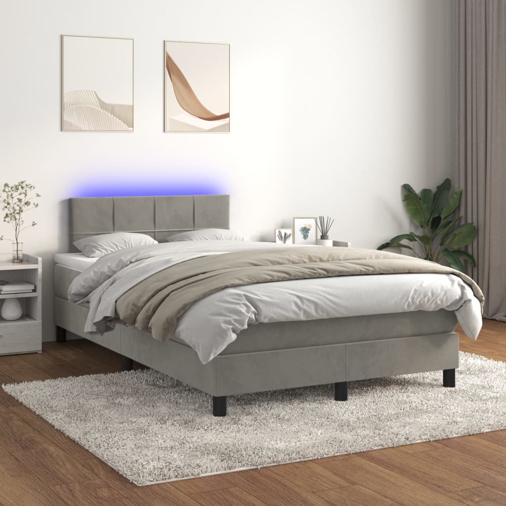 JUNG Vida Boxspringbett mit Matratze & LED Hellgrau 120x200 cm Samt