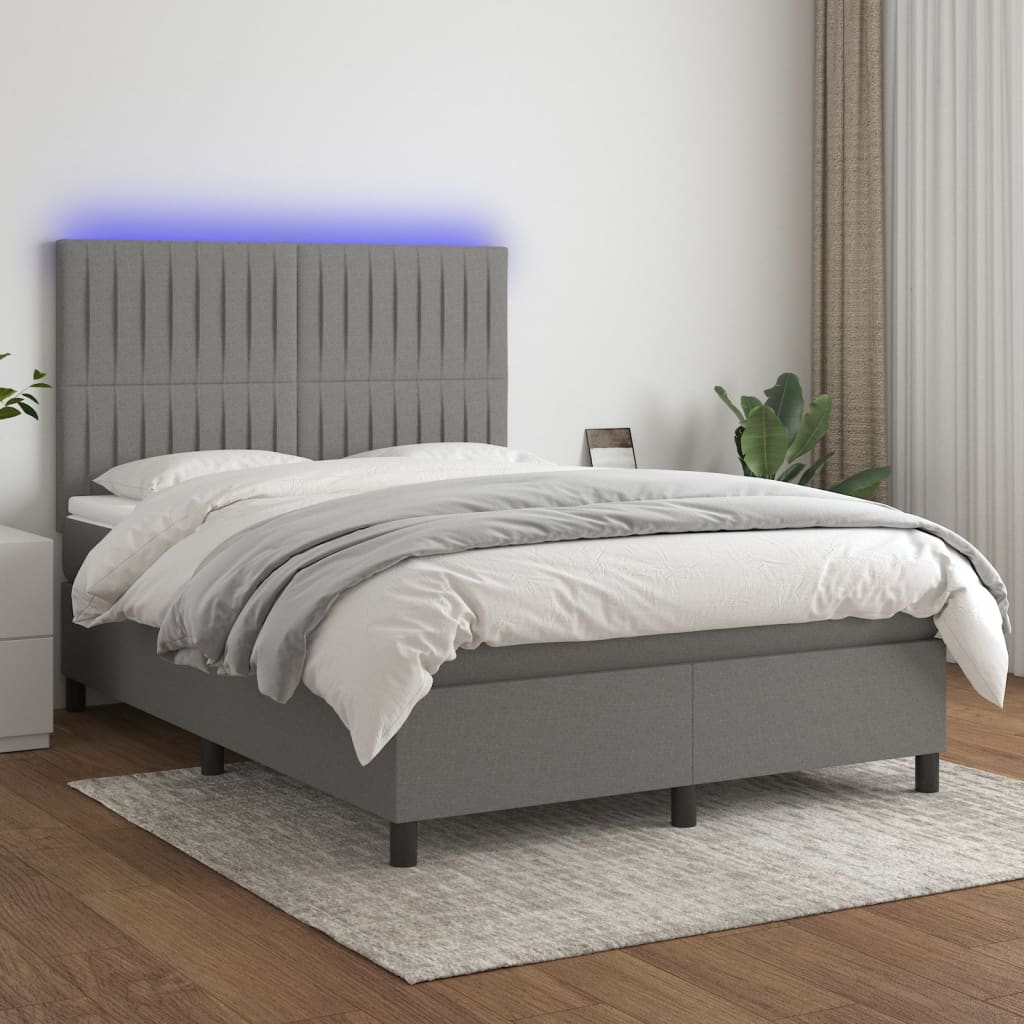 JUNG Vida Boxspringbett mit Matratze & LED Dunkelgrau 140x200 cm Stoff