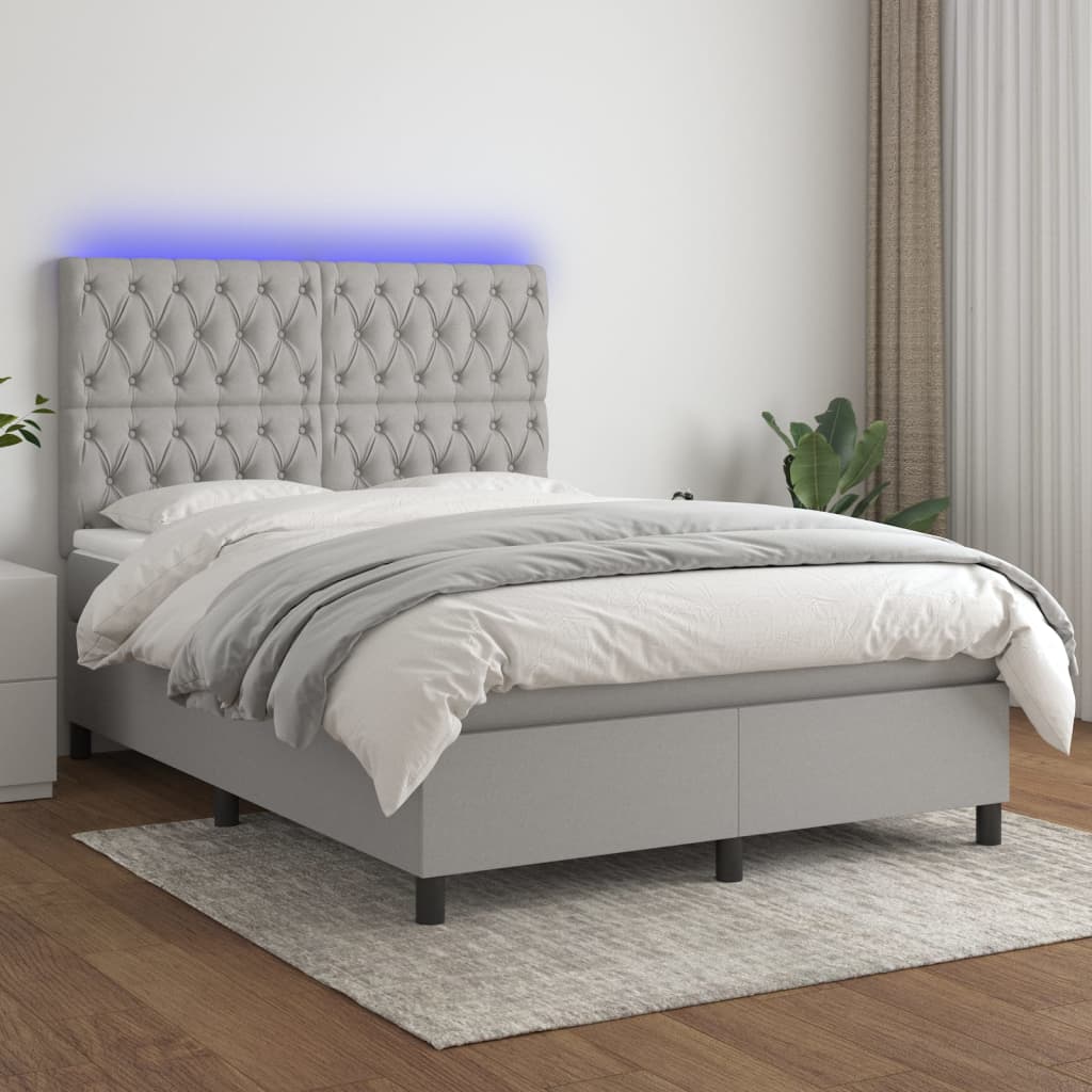 JUNG Vida Boxspringbett mit Matratze & LED Hellgrau 140x200 cm Stoff