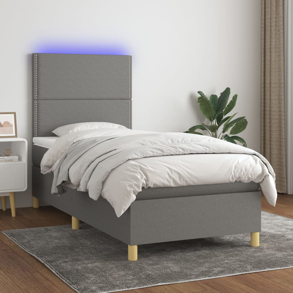 JUNG Vida Boxspringbett mit Matratze & LED Dunkelgrau 90x200 cm Stoff