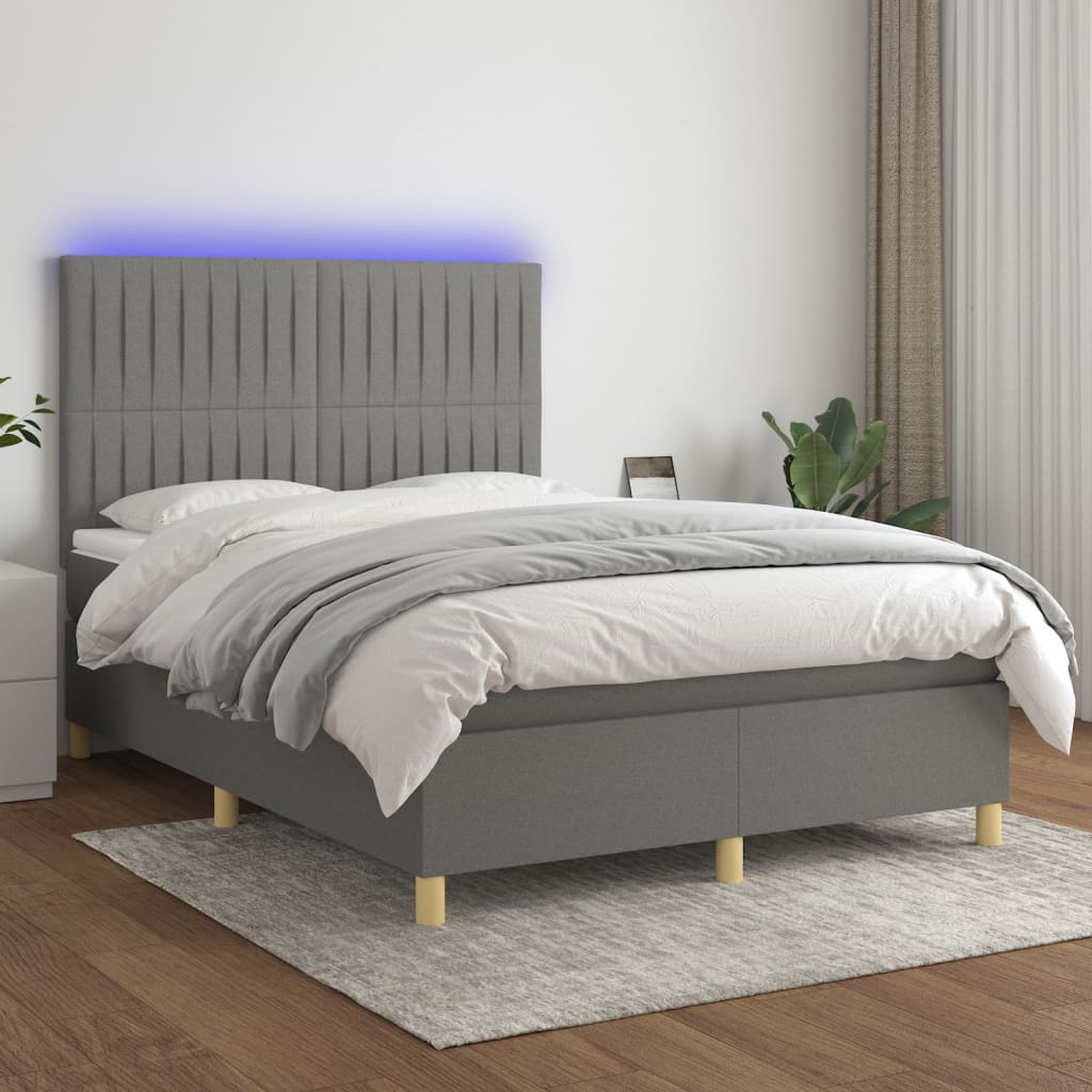 JUNG Vida Boxspringbett mit Matratze & LED Dunkelgrau 140x190 cm Stoff