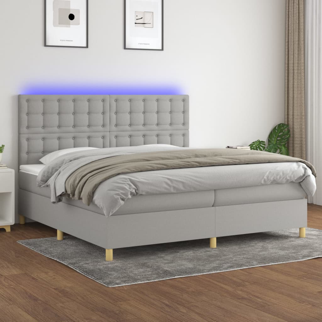 JUNG Vida Boxspringbett mit Matratze & LED Hellgrau 200x200 cm Stoff