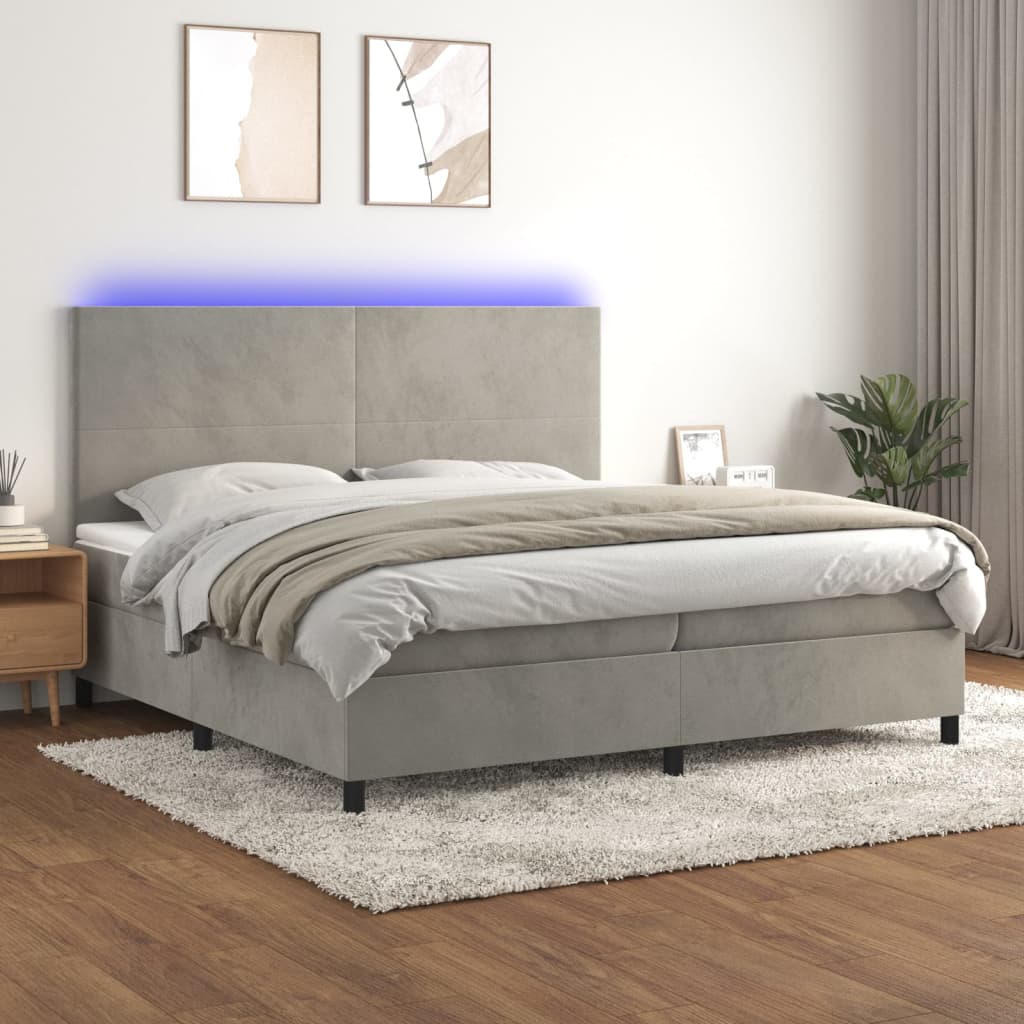 JUNG Vida Boxspringbett mit Matratze & LED Hellgrau 200x200 cm Samt