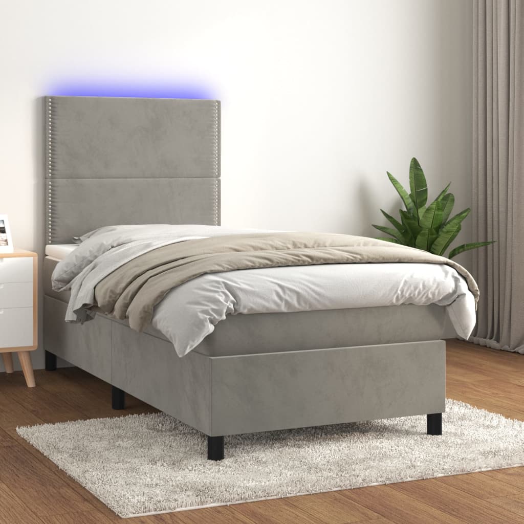 JUNG Vida Boxspringbett mit Matratze & LED Hellgrau 90x200 cm Samt