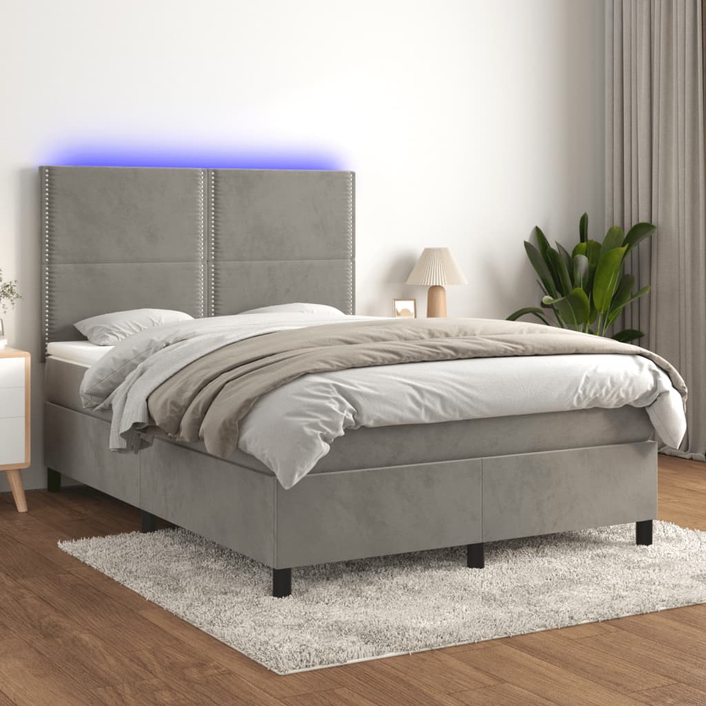 JUNG Vida Boxspringbett mit Matratze & LED Hellgrau 140x200 cm Samt