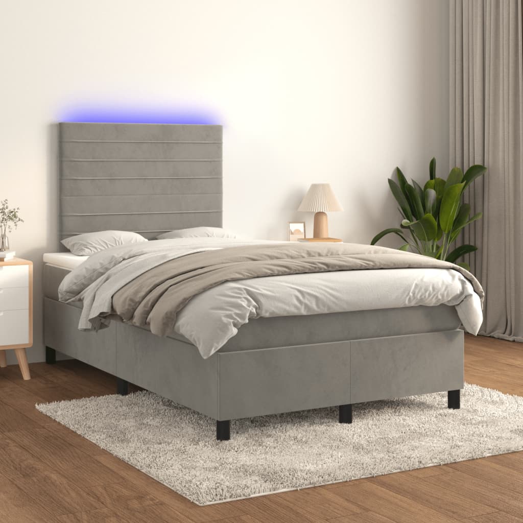 JUNG Vida Boxspringbett mit Matratze & LED Hellgrau 120x200 cm Samt