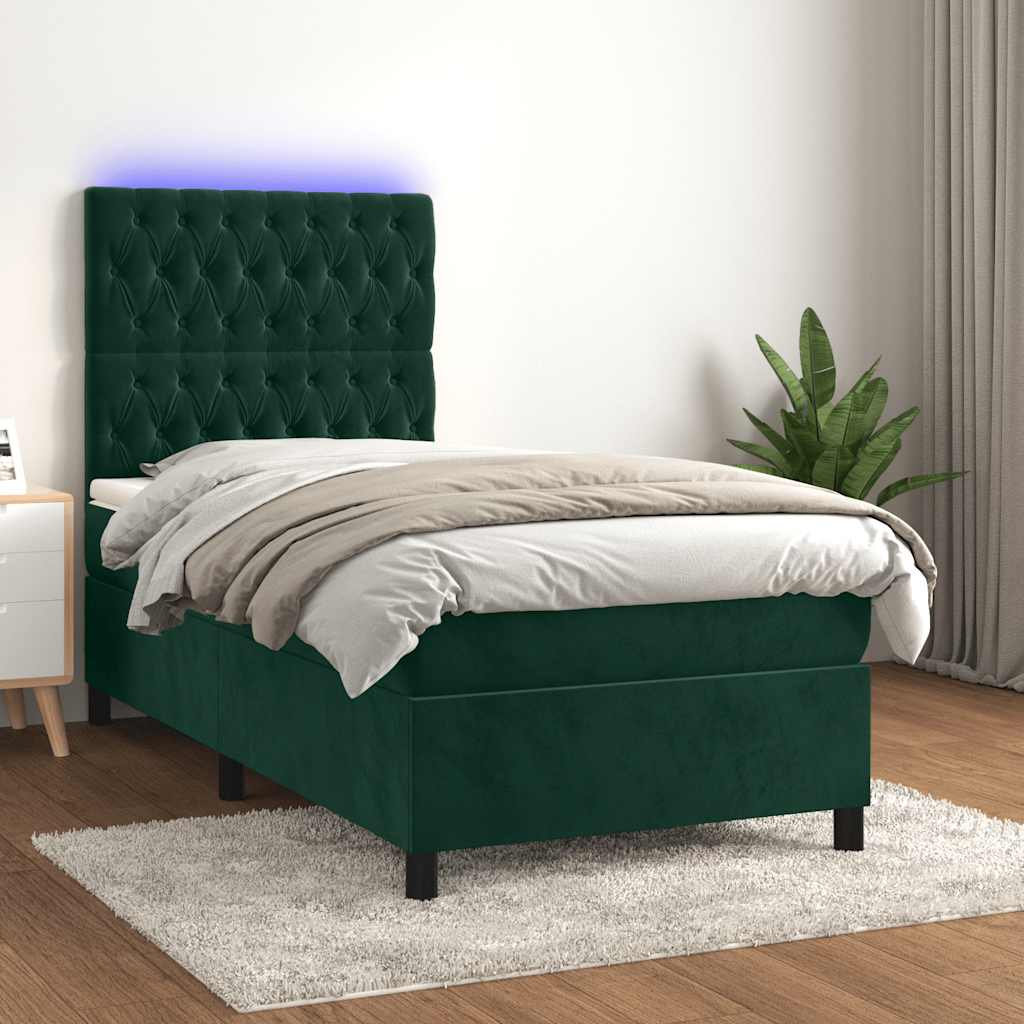 JUNG Vida Boxspringbett mit Matratze & LED Dunkelgrün 90x190 cm Samt