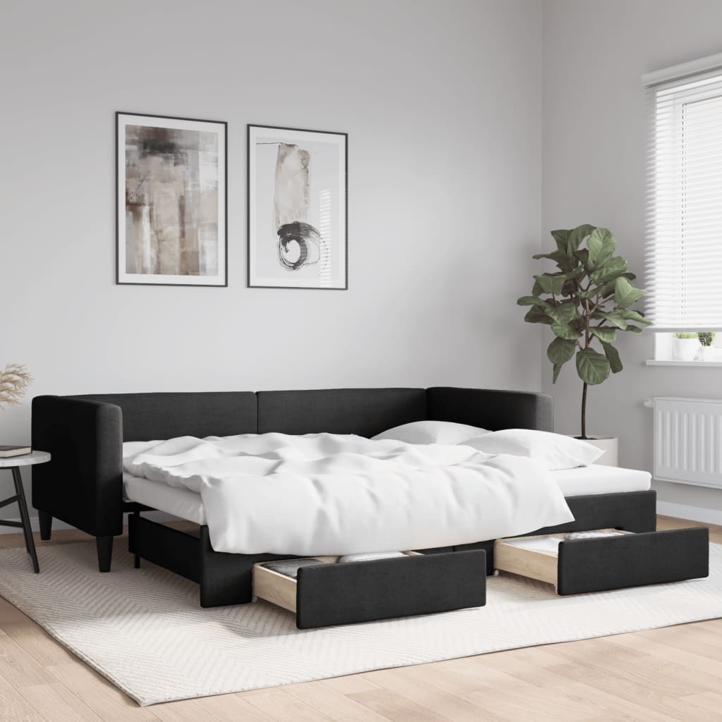JUNG Vida Tagesbett Ausziehbar mit Schubladen Schwarz 90x200 cm Stoff