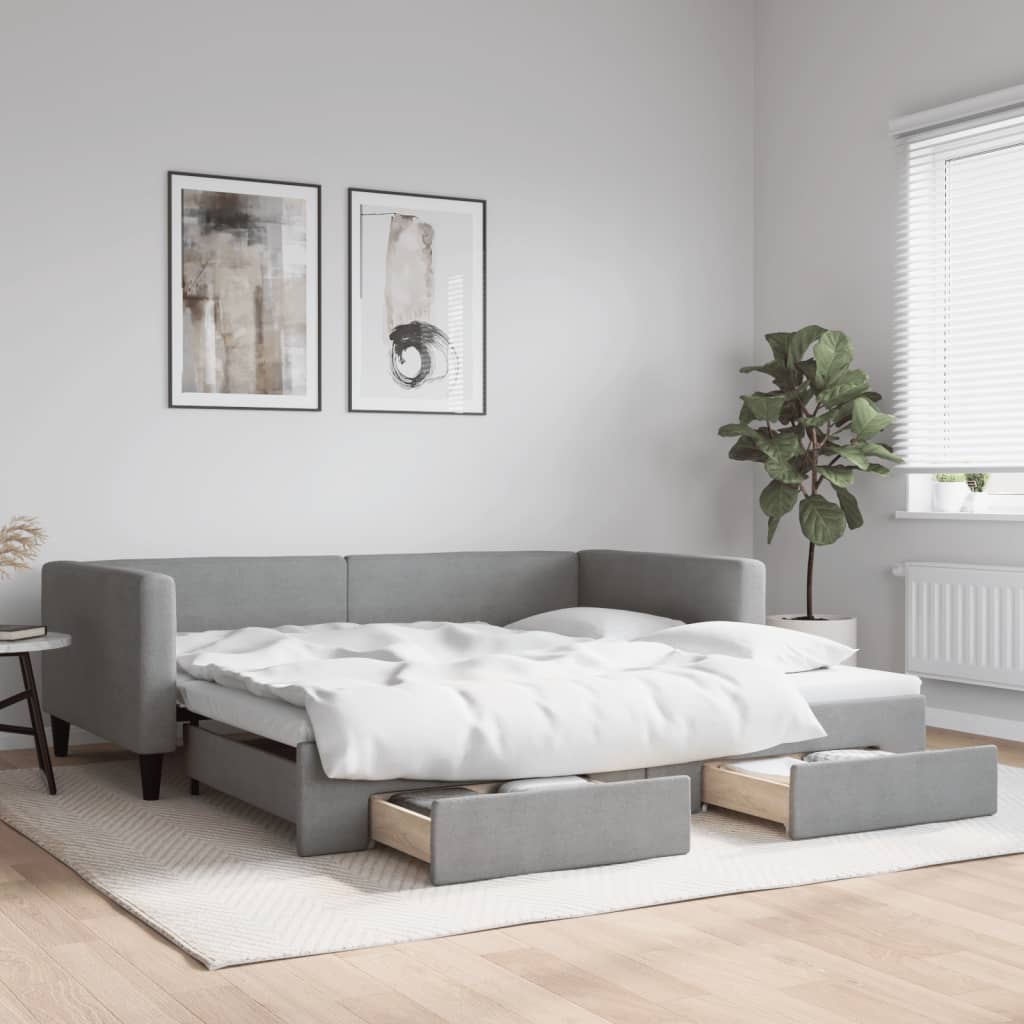 JUNG Vida Tagesbett Ausziehbar mit Schubladen Hellgrau 100x200 cm Stoff