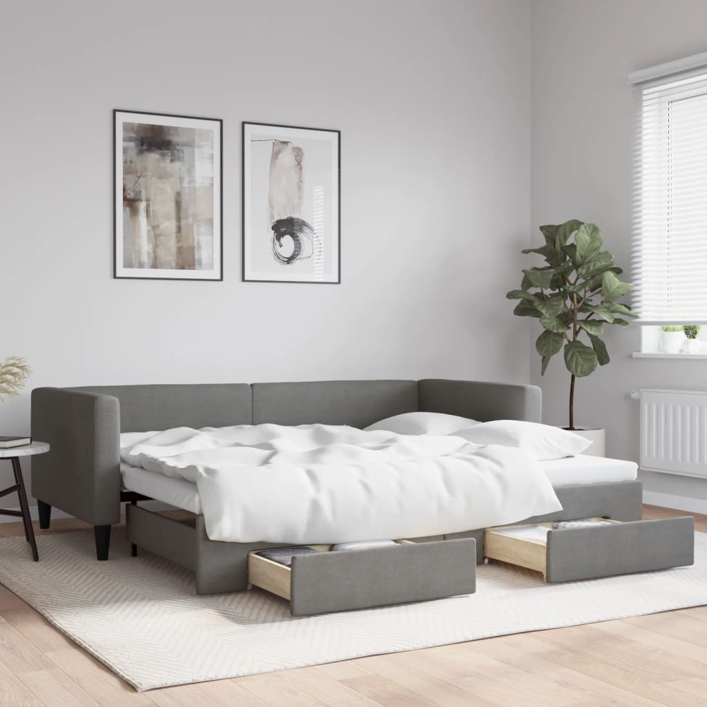 JUNG Vida Tagesbett Ausziehbar mit Schubladen Dunkelgrau 90x190 cm Stoff