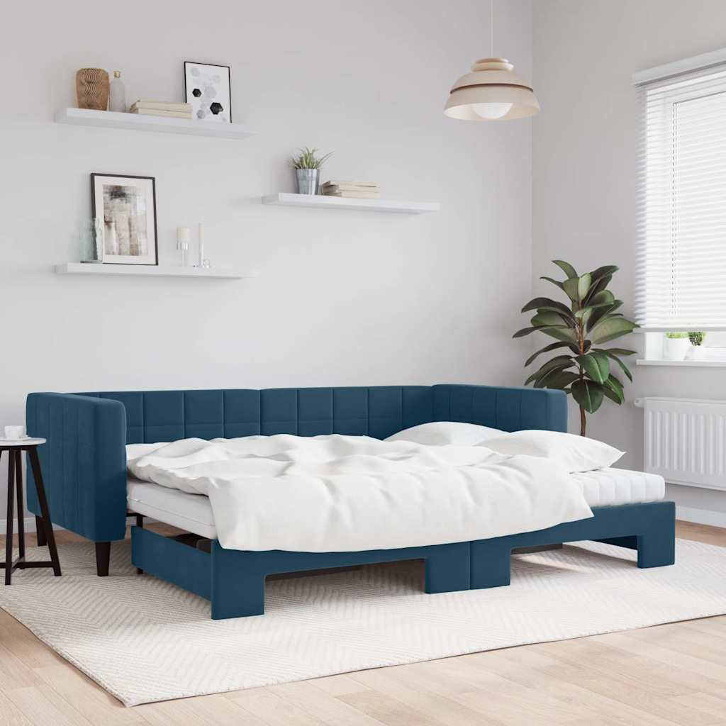 JUNG Vida Tagesbett Ausziehbar mit Matratzen Blau 90x200 cm Samt