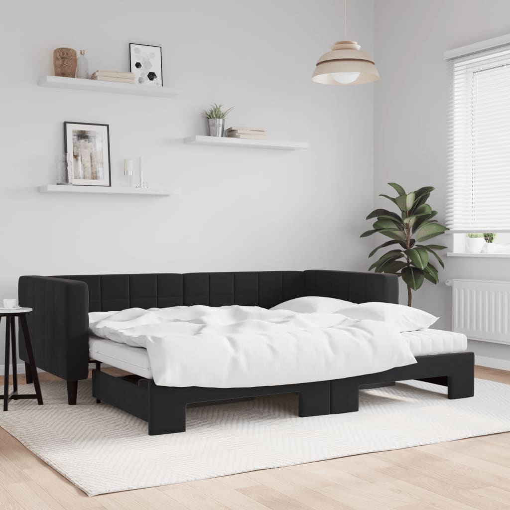 JUNG Vida Tagesbett Ausziehbar mit Matratzen Schwarz 90x190 cm Samt