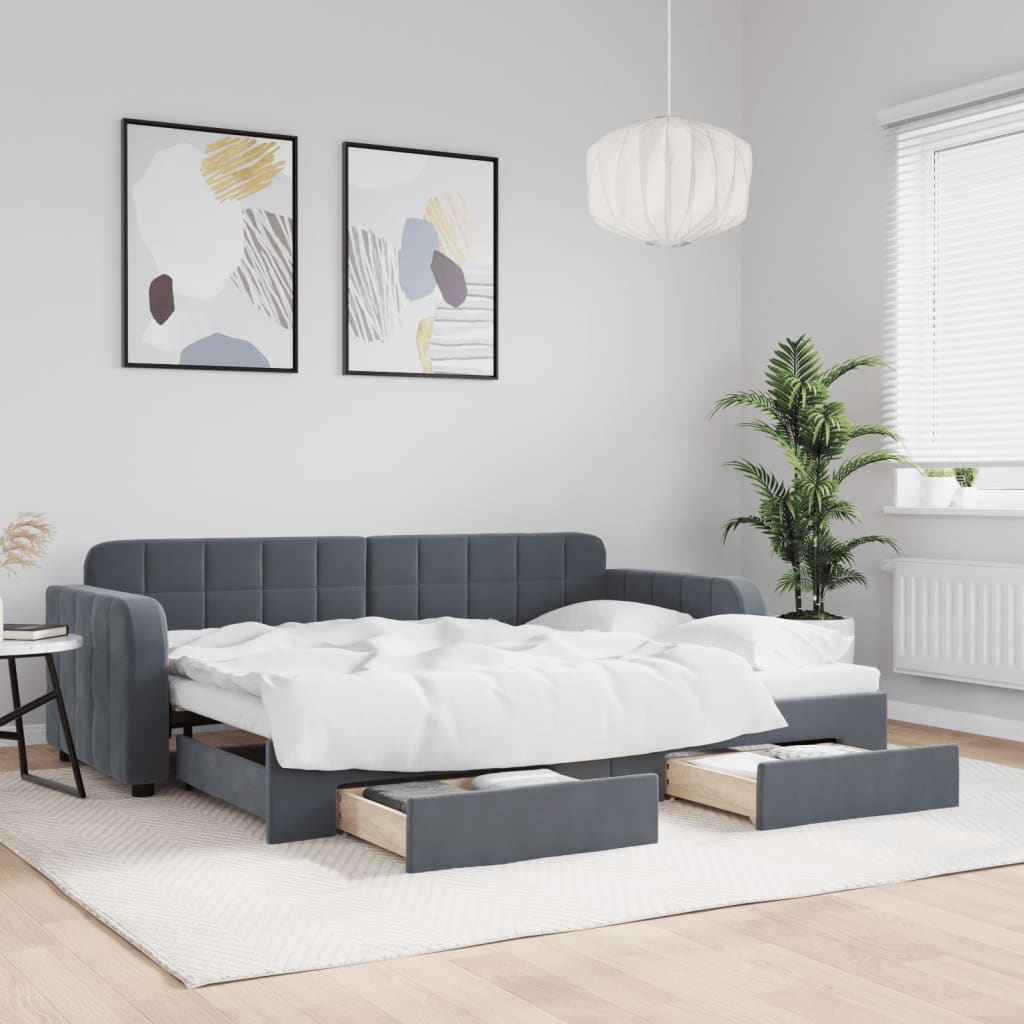 JUNG Vida Tagesbett Ausziehbar mit Schubladen Dunkelgrau 80x200 cm Samt