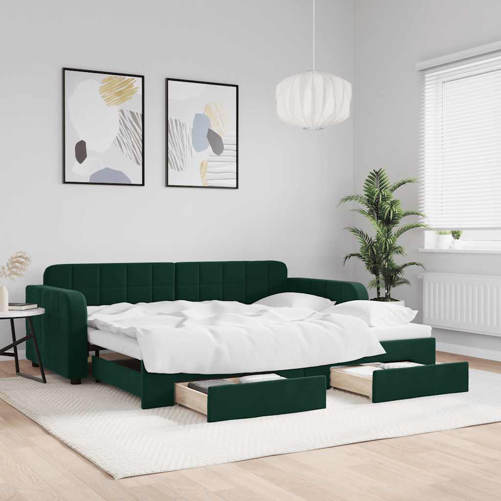 JUNG Vida Tagesbett Ausziehbar mit Schubladen Dunkelgrün 90x200 cm Samt