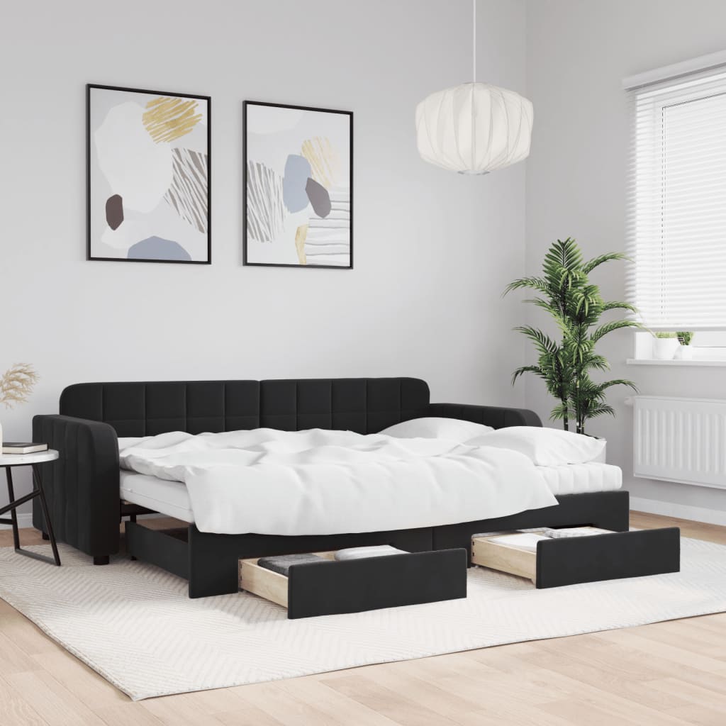JUNG Vida Tagesbett Ausziehbar mit Schubladen Schwarz 80x200 cm Samt