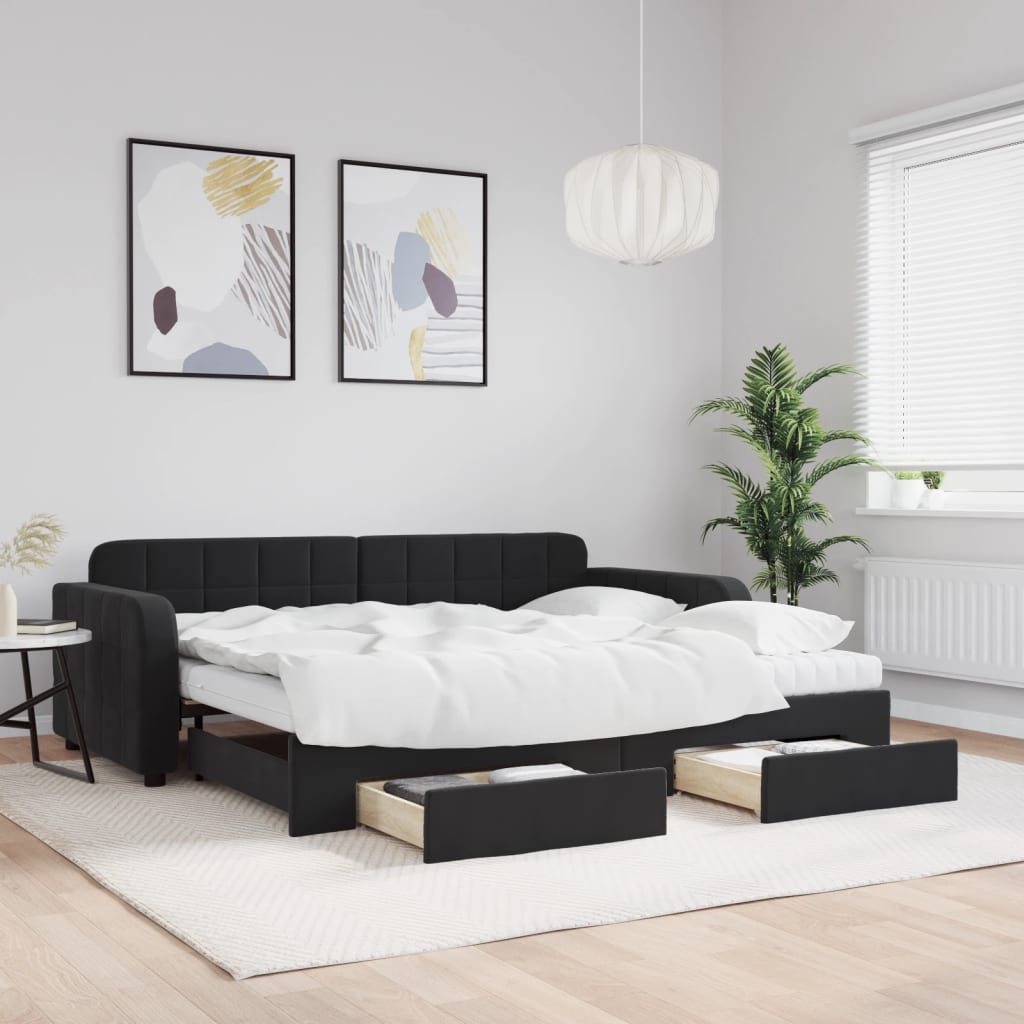 JUNG Vida Tagesbett Ausziehbar mit Schubladen Schwarz 90x200 cm Samt