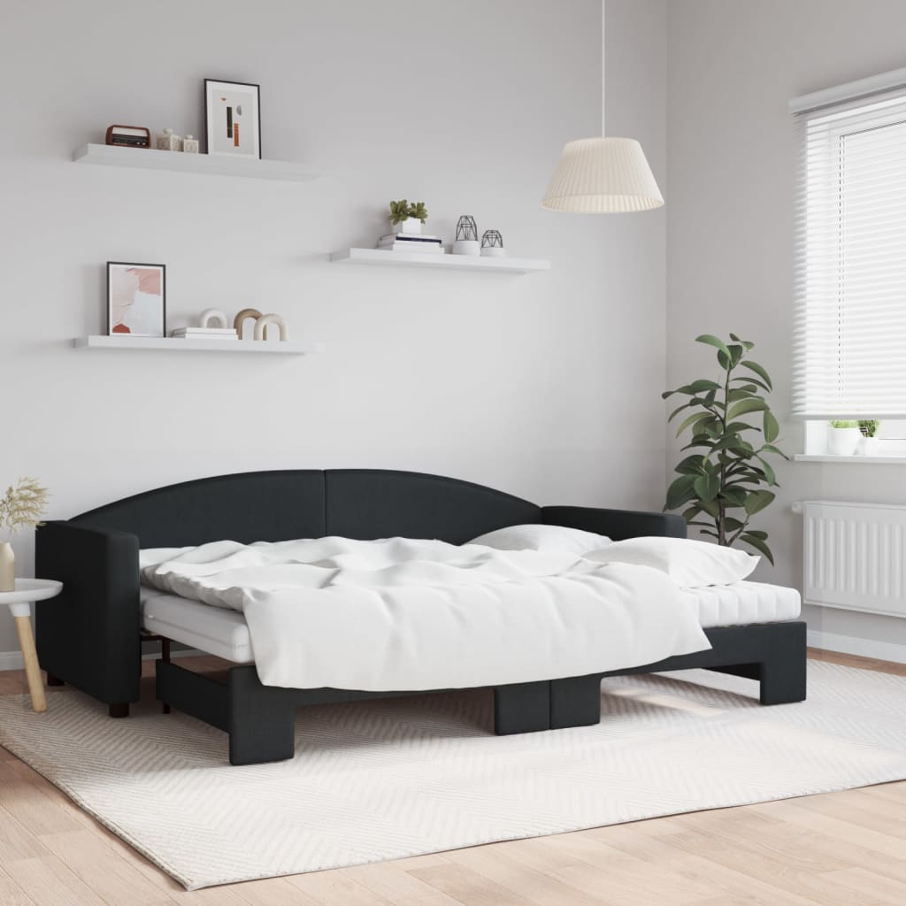 JUNG Vida Tagesbett Ausziehbar mit Matratzen Schwarz 80x200 cm Stoff