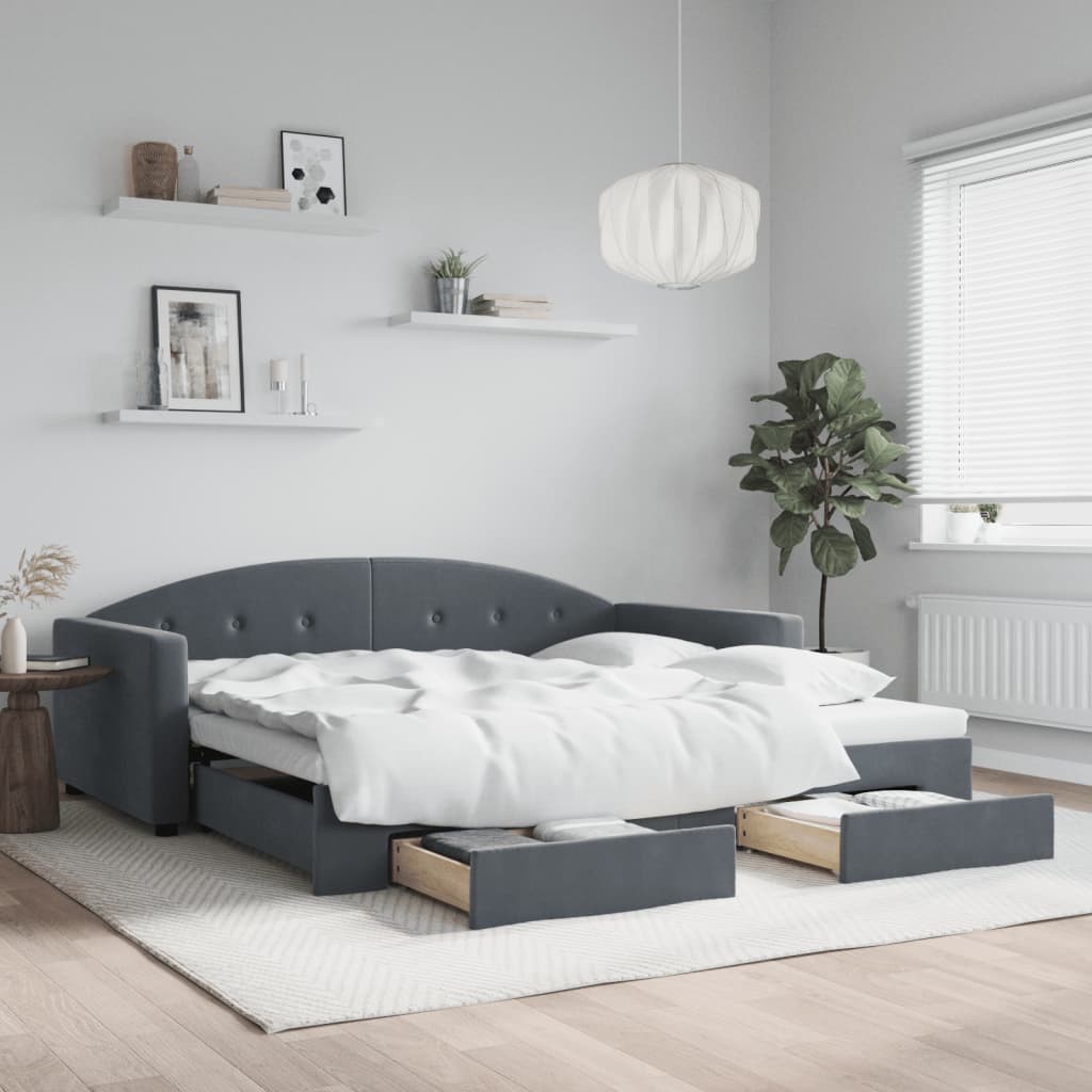 JUNG Vida Tagesbett Ausziehbar mit Schubladen Dunkelgrau 100x200 cm Samt
