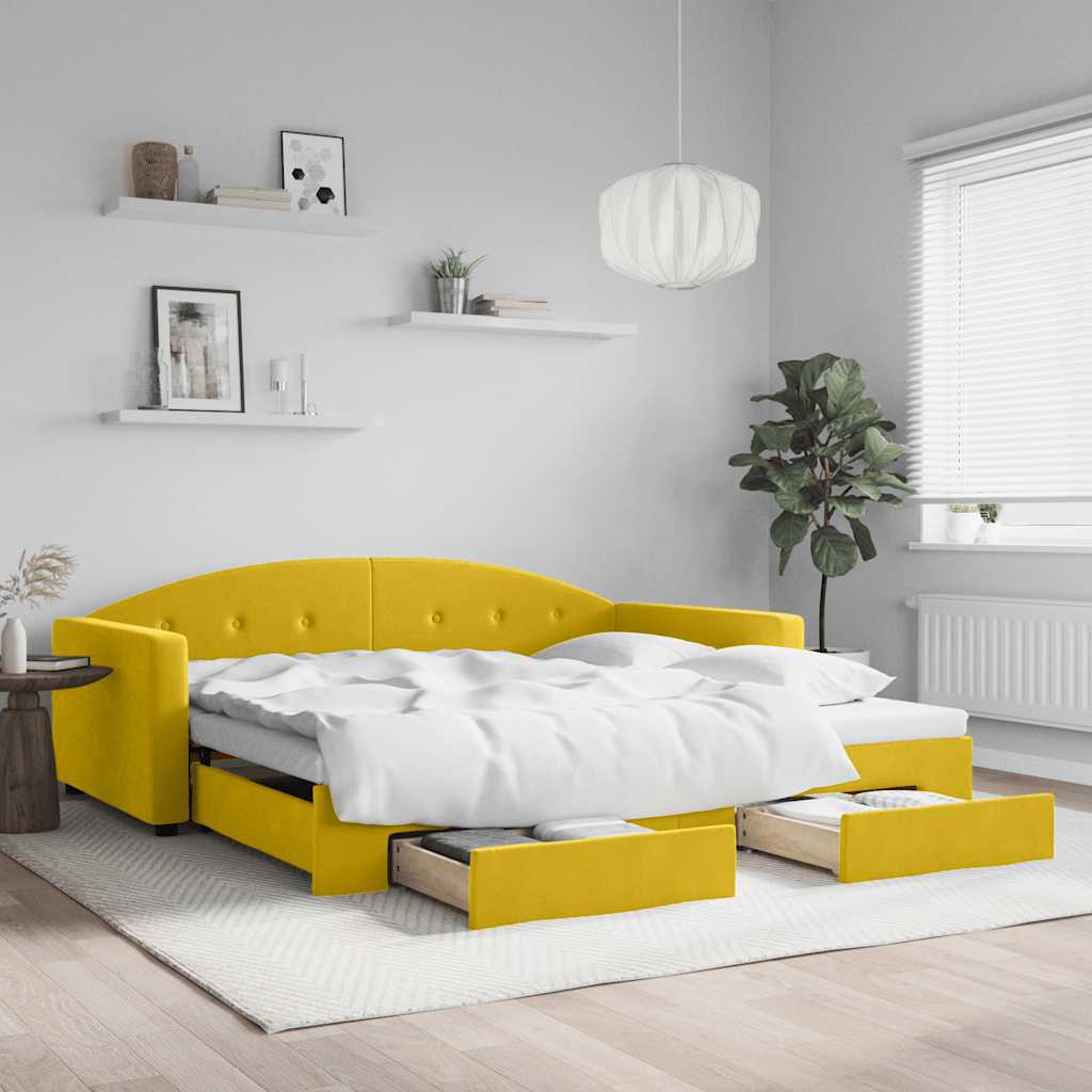 JUNG Vida Tagesbett Ausziehbar mit Schubladen Gelb 100x200 cm Samt