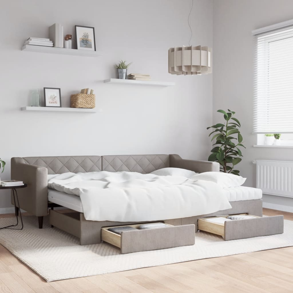 JUNG Vida Tagesbett Ausziehbar mit Schubladen Taupe 90x200 cm Stoff