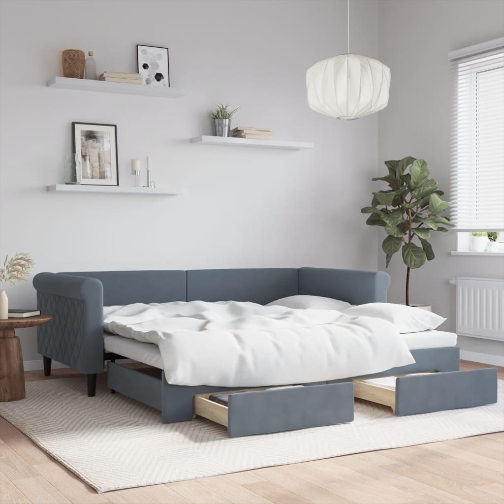 JUNG Vida Tagesbett Ausziehbar mit Schubladen Dunkelgrau 90x190 cm Samt