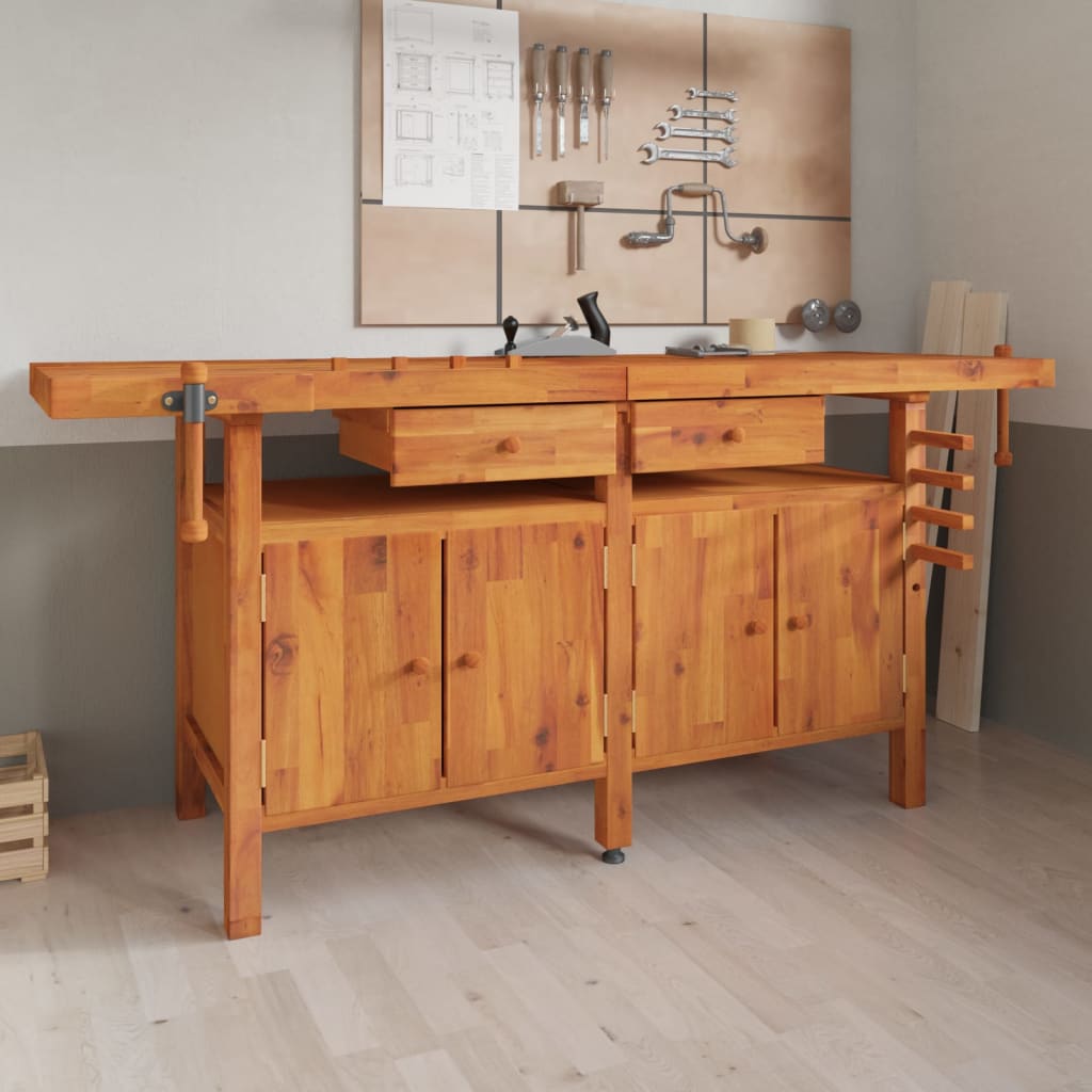 JUNG Vida Werkbank mit Schubladen Schraubstöcken 192x62x83 cm Akazienholz